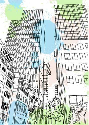 Urban landscape sketch of the old European city. Germany. Frankfurt am Main. Nice old street in hand drawn style on blobs background