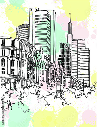 Urban landscape sketch of the old European city. Germany. Frankfurt am Main. Nice old street in hand drawn style on blobs background