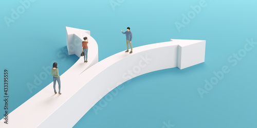 Fototapeta Naklejka Na Ścianę i Meble -  分岐する矢印とビジネスマンの3Dグラフィックス / ビジネスの選択肢・異なる方向性・分岐する未来のコンセプトイメージ