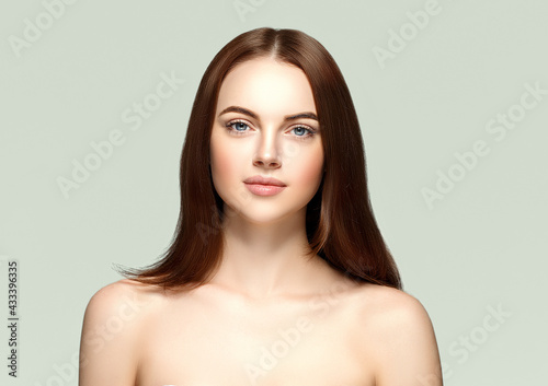 Beautiful woman brunette hair healthy beauty skin perfect fashion make up