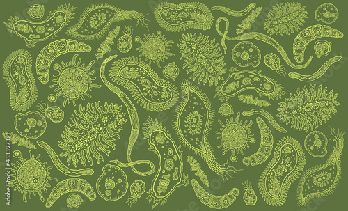 Microbes. Design set. Editable hand drawn illustration. Isolated on color background. 8 EPS
