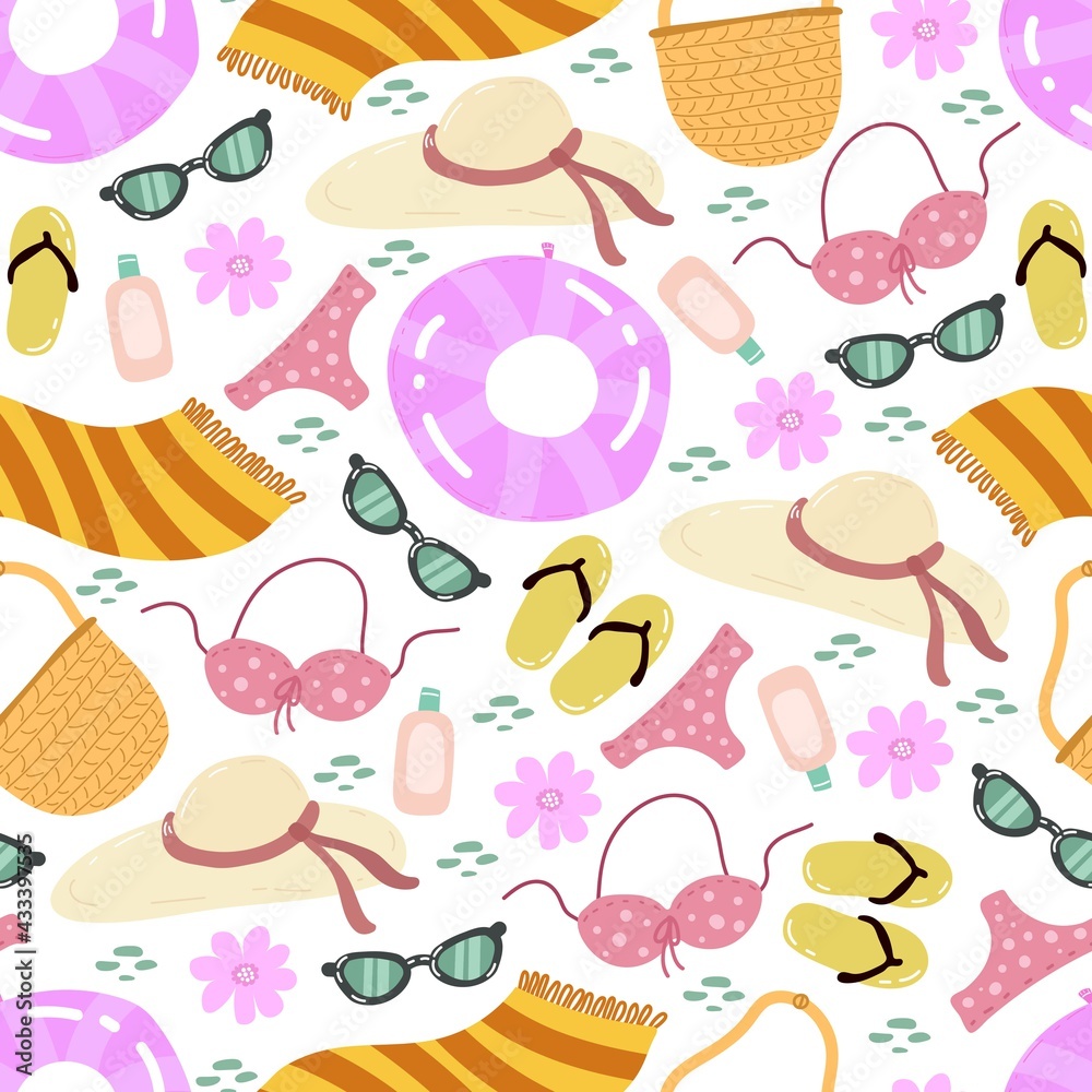 summer seamless pattern with cartoon swimsuit, sunglasses, flip-flops, swimming circle, hat, decor elements. colorful vector, flat style. design for fabric, textile, print, wrapper.