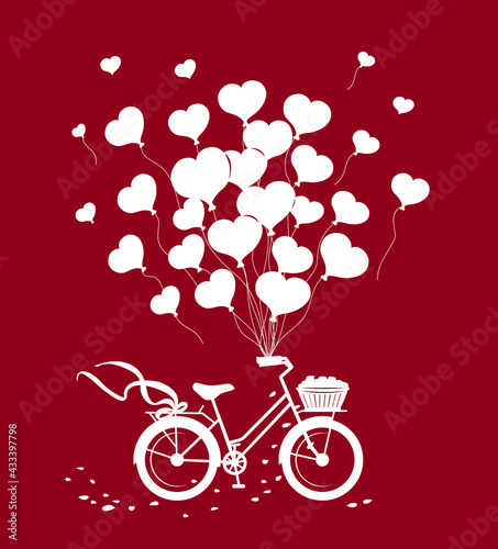 Romantic Bike with balloons in shape of hearts silhouette over red background