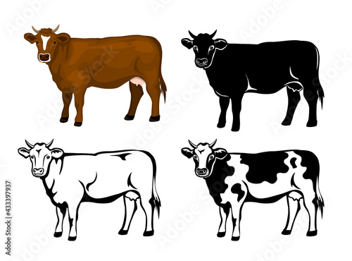 Cow in brown color, silhouette, contour and patched silhouette set