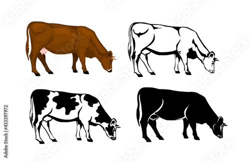 grazing cow in brown color, silhouette, contour and patched silhouette set