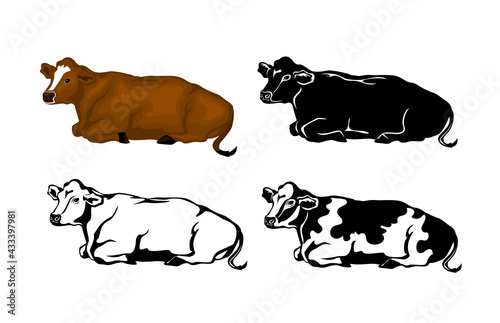 Lying Cow in brown color, silhouette, contour and patched silhouette set