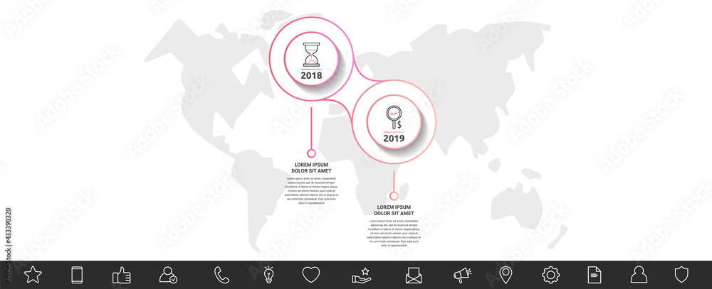 Modern and line vector Infographic with icons and two steps. Circles with thin lines for the application, website, interface, chart, levels, web, diagram, banner on a white isolated background Modern and line vector Infographic with icons and two steps. Circles with thin lines for the application, website, interface, chart, levels, web, diagram, banner on a white isolated background
