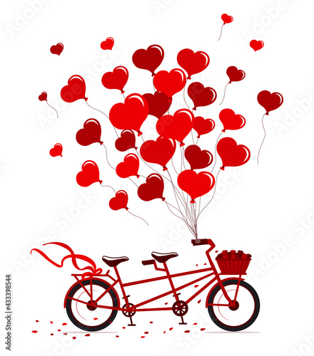 Tandem Bike with hearts balloons in red colors isolated vector illustration