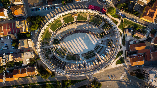 Aerial view of Pula, Croatia. Top down view of amphitheater.