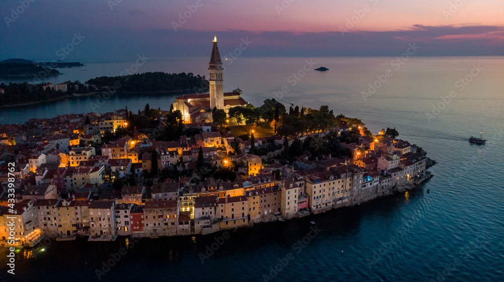 Aerial view of Istrian Town Rovinj, Croatia just after the sunset. Church of St. Euphemia in the backhround.