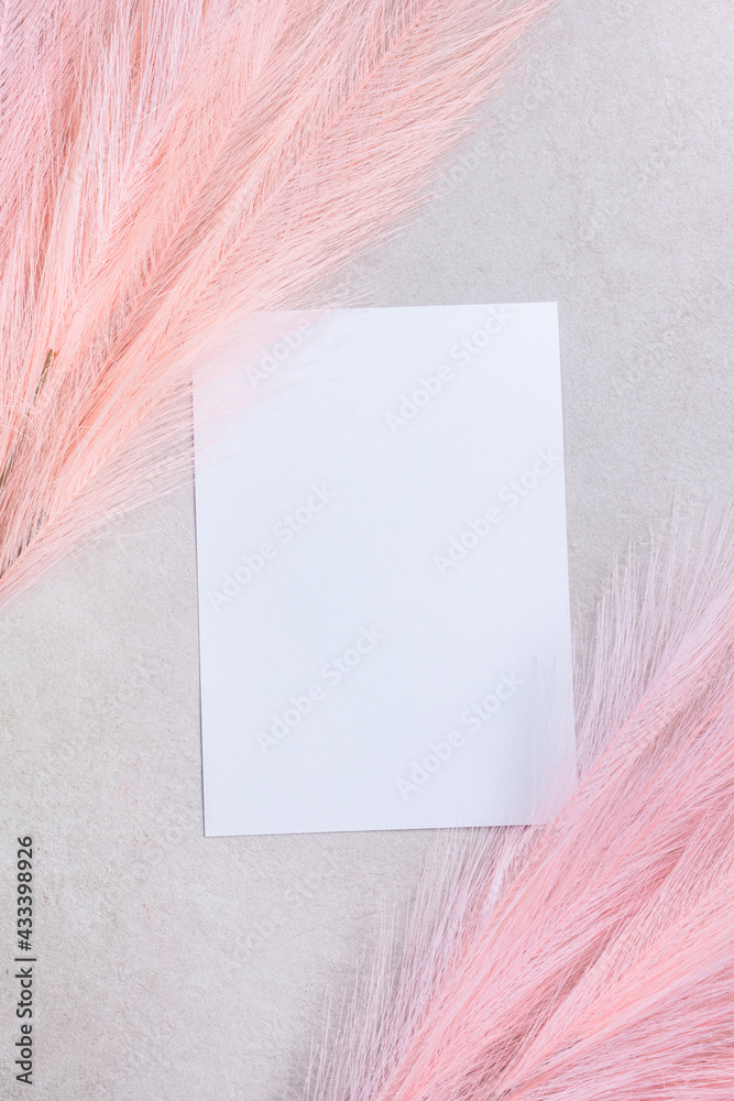 pink artificial p pampas grass with flatley composition with postcard for space for your text pink artificial p pampas grass with flatley composition with postcard for space for your text