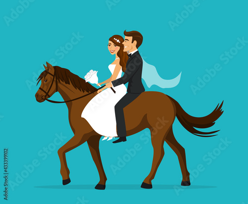Newlyweds, bride and groom riding horse on wedding day