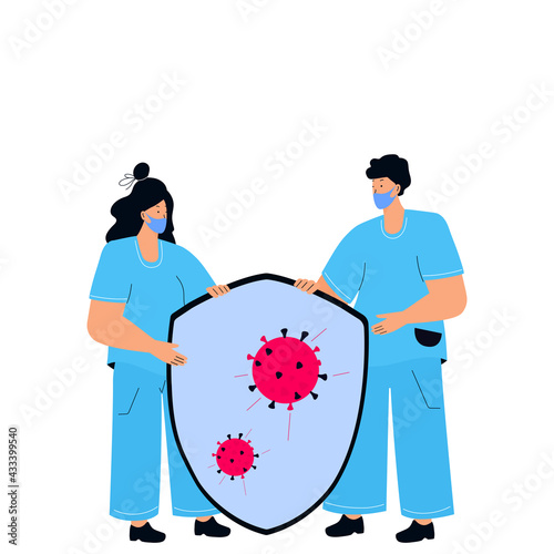 Two doctors are holding a shield. Protection from coronavirus COVID-19. Vaccination campaign. Time to vaccinate