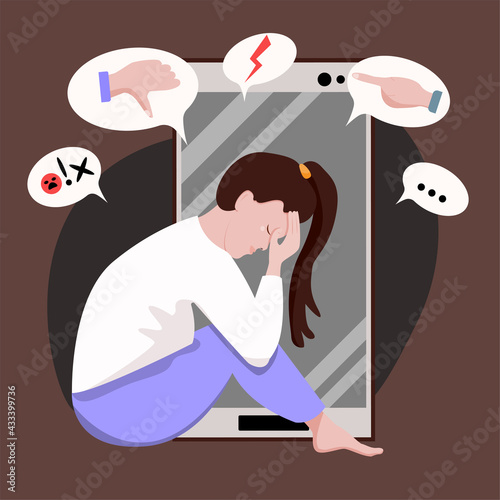 Cyber bullying concept. Young sad woman sitting on the floor and crying holding her head. vector flat cartoon illustration