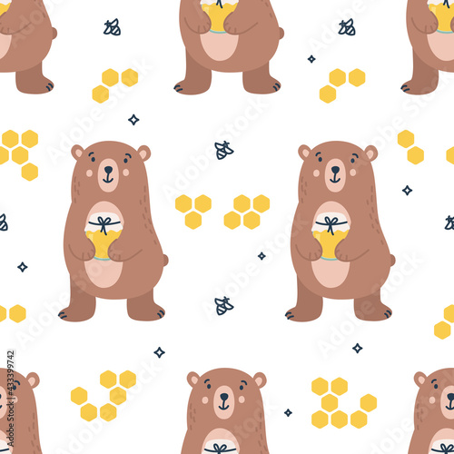 Childish seamless pattern with bears, honeycomb and bees.