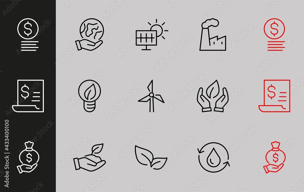 Ecology Icons set Vector icons contains solar panels as well as electricity, plant and factory, editable stroke. icons in minimalist style