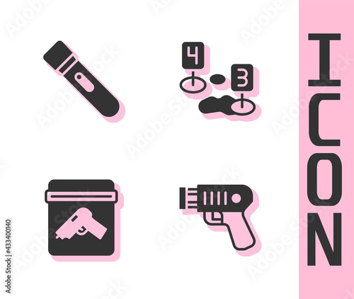 Set Police electric shocker, Flashlight, Evidence bag with gun and Marker of crime scene icon. Vector
