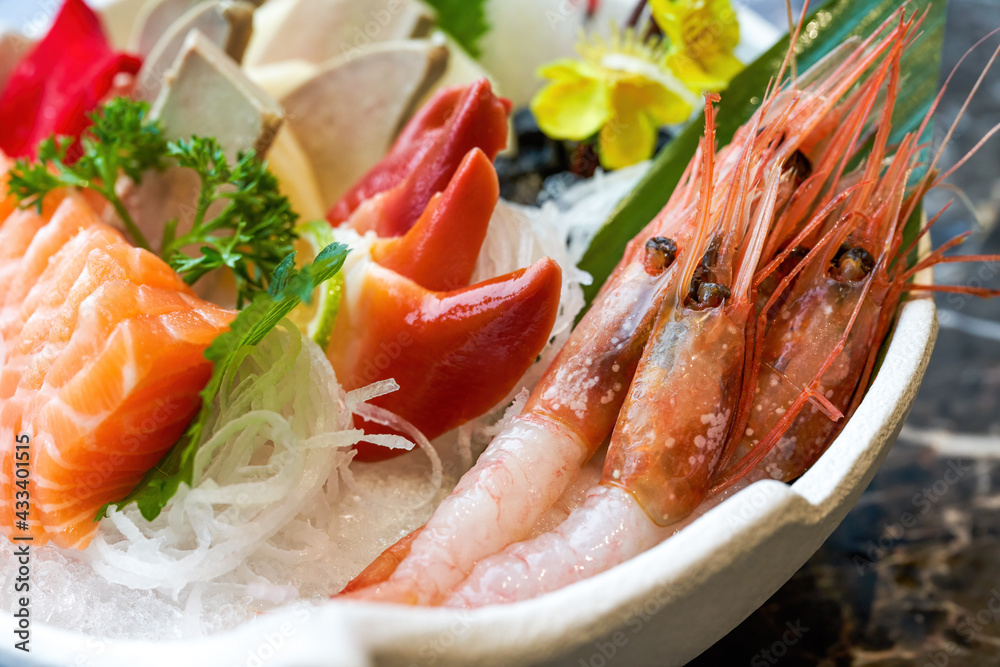 A delicious Japanese dish, salmon and foie gras sashimi platter A delicious Japanese dish, salmon and foie gras sashimi platter
