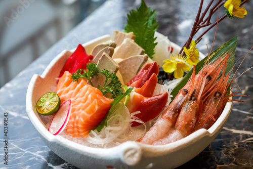 A delicious Japanese dish, salmon and foie gras sashimi platter