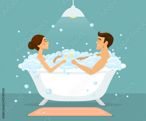 Couple, man and woman taking bath in a vintage bathtub with bubbles, enjoying, drinking champagne.