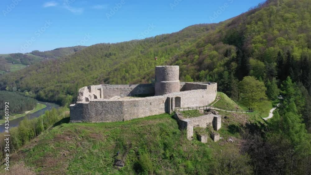 Ruins of medieval castle in Rytro (Zamek w Rytrze) - aerial view, Poland
