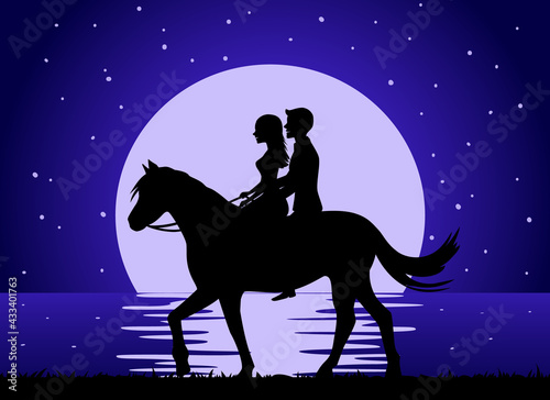 Romantic background with couple riding horse at moonlight starry night silhouette vector illustration