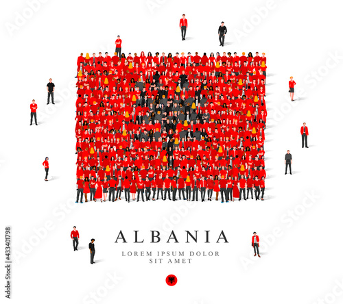 A large group of people are standing in black and red robes, symbolizing the flag of Albania.