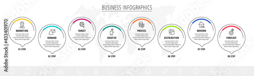 Vector infographics eight circles with arrows. Line business concept of 8 steps, options. Infographic template for diagram, web, banner, presentations, flowchart, content, levels, chart