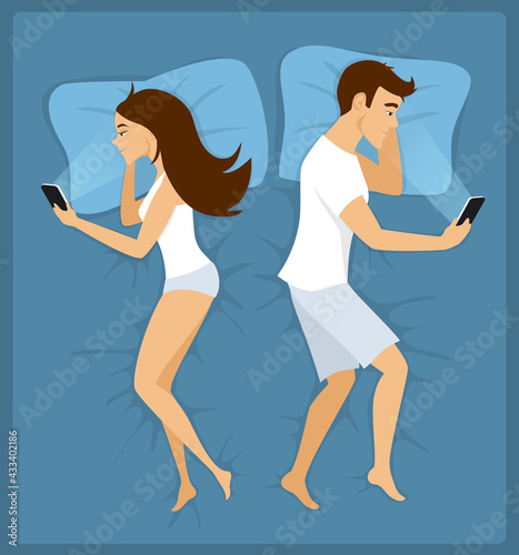 Couple, man and woman lying apart in the bed with smartphones vector illustration