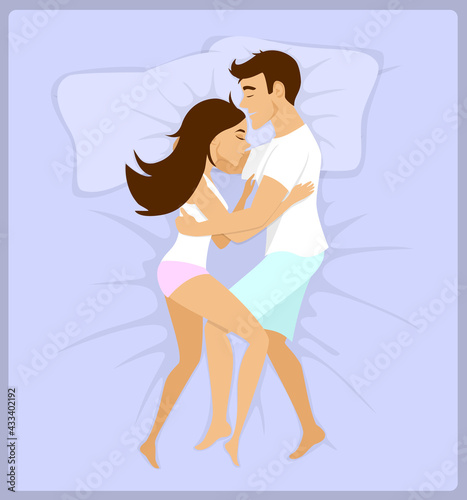 Couple sleeping hugging in bed top view vector illustration