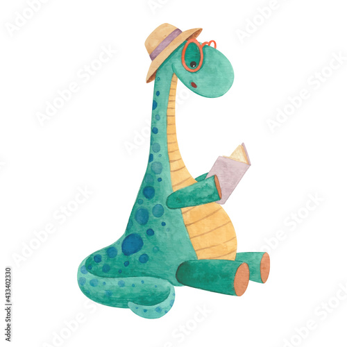 Bright watercolor illustration with a dinosaur in a hat reading a book
