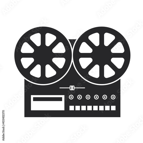 Black filled old fashioned tape recorder with two reels vector icon isolated on transparent background. Symbol of listening to music or any other melody or sound. Retro record player sign.