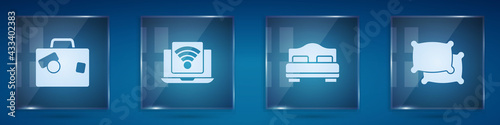 Set Suitcase, Wireless laptop, Hotel room bed and Pillow. Square glass panels. Vector