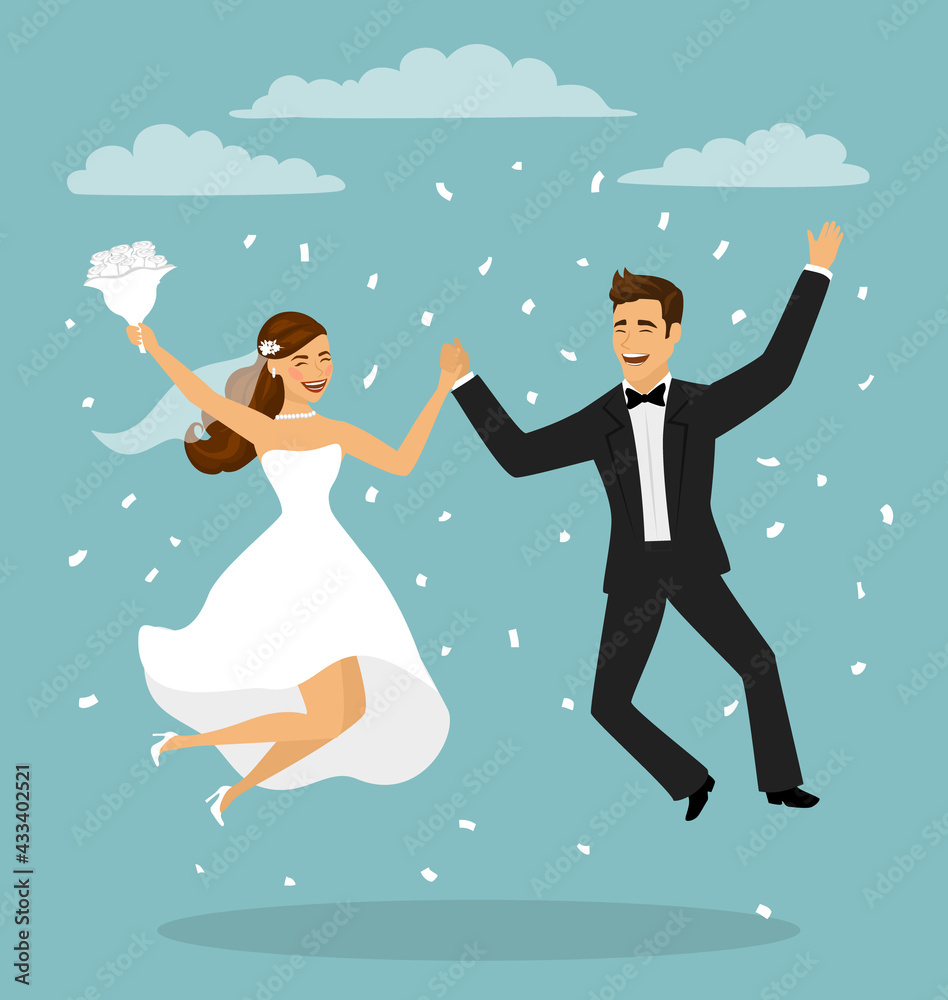Just married funny couple, bride and groom jumping after wedding ...