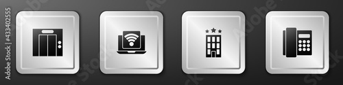 Set Lift, Wireless laptop, Hotel building and Telephone handset icon. Silver square button. Vector