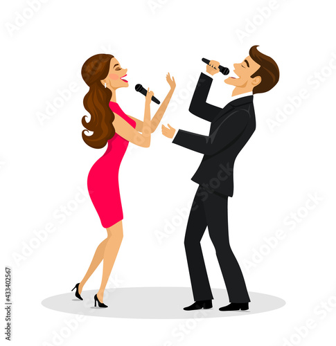 Couple, man and woman singing karaoke isolated vector illustration photo