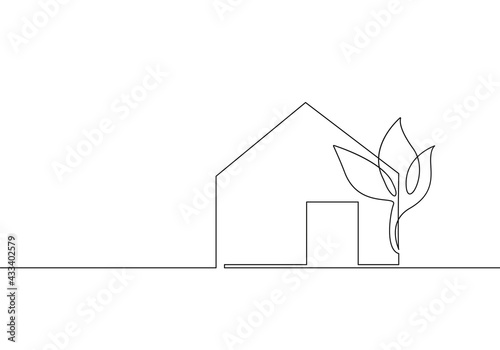 Sweet Home Continuous Line Art Drawing. Simple House with Tree Abstract Line Drawing Minimalist Style. Vector EPS 10.	