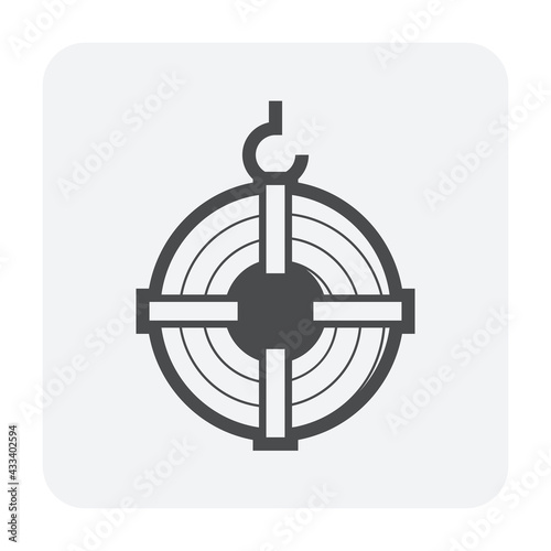 Roll steel, steel coil or sheet metal vector icon. Industrial product manufacturing, production from hot cold process. Hanging on crane hook in factory. Raw materials for construction, machine part.