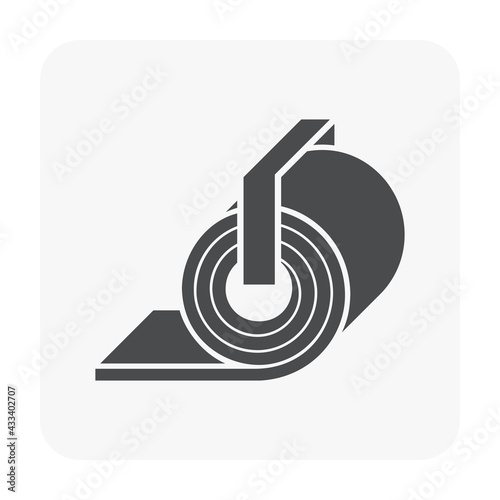 Roll steel, steel coil or sheet metal vector icon. Industrial product manufacture, production from hot cold process. Hanging on overhead crane in factory. Raw materials for construction, machine part.