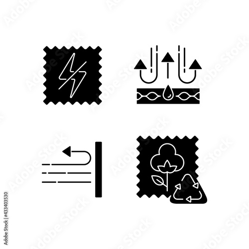 Different fabric features black glyph icons set on white space. Antistatic textile. Membrane and windproof fibers. Recycled cotton. Silhouette symbols. Vector isolated illustration