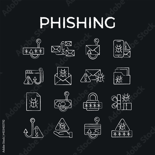 Phishing chalk icons set. Spam. Virus. Vector isolated black illustration.