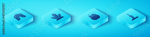 Set Isometric Circus tent, Magic stone, Sword in the and Witch cauldron icon. Vector