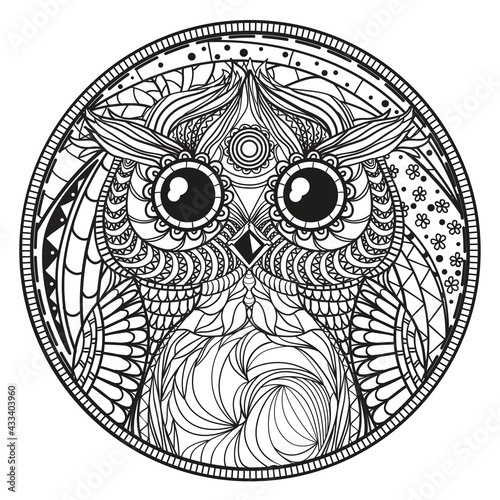 Mandala with owl. Zentangle. Hand drawn abstract patterns on isolation background. Design for spiritual relaxation for adults. Zendala. Black and white illustration for coloring. Zen art. Decorative