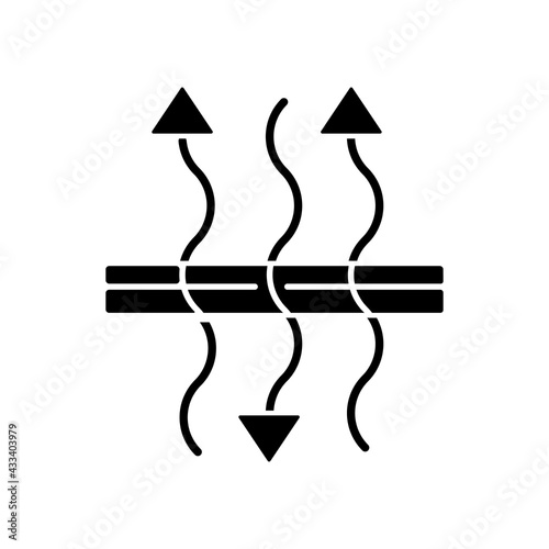 Breathable fabric black glyph icon. Air penetration property. Air flow passes through clothing. Allow perspiration fiber ability. Silhouette symbol on white space. Vector isolated illustration
