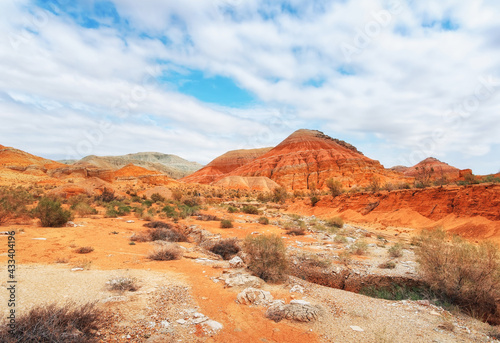 The hills are mountains of ancient sediments with patterns of erosion, red yellow and white clay and desert vegetation. View of the Altyn-Emel park in Kazakhstan