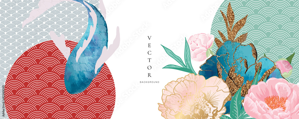 Asian background ,Oriental Japanese style abstract pattern background design  with koi fish decorate in water color texture