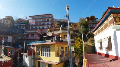 View of the houses besides the Pangan Nyingmapa Buddhist Temple at Patlikuhal village near Manali in Himachal Pradesh, India