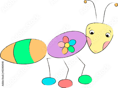 Picture of a cute drawn cartoon ant in color. Educational material for children of primary preschool age. Vector illustration