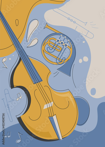 Poster template with violin and french horn. Flyer design for concert of classical music.