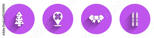 Set Christmas tree, Snowflake, Bow tie and Ski and sticks icon with long shadow. Vector